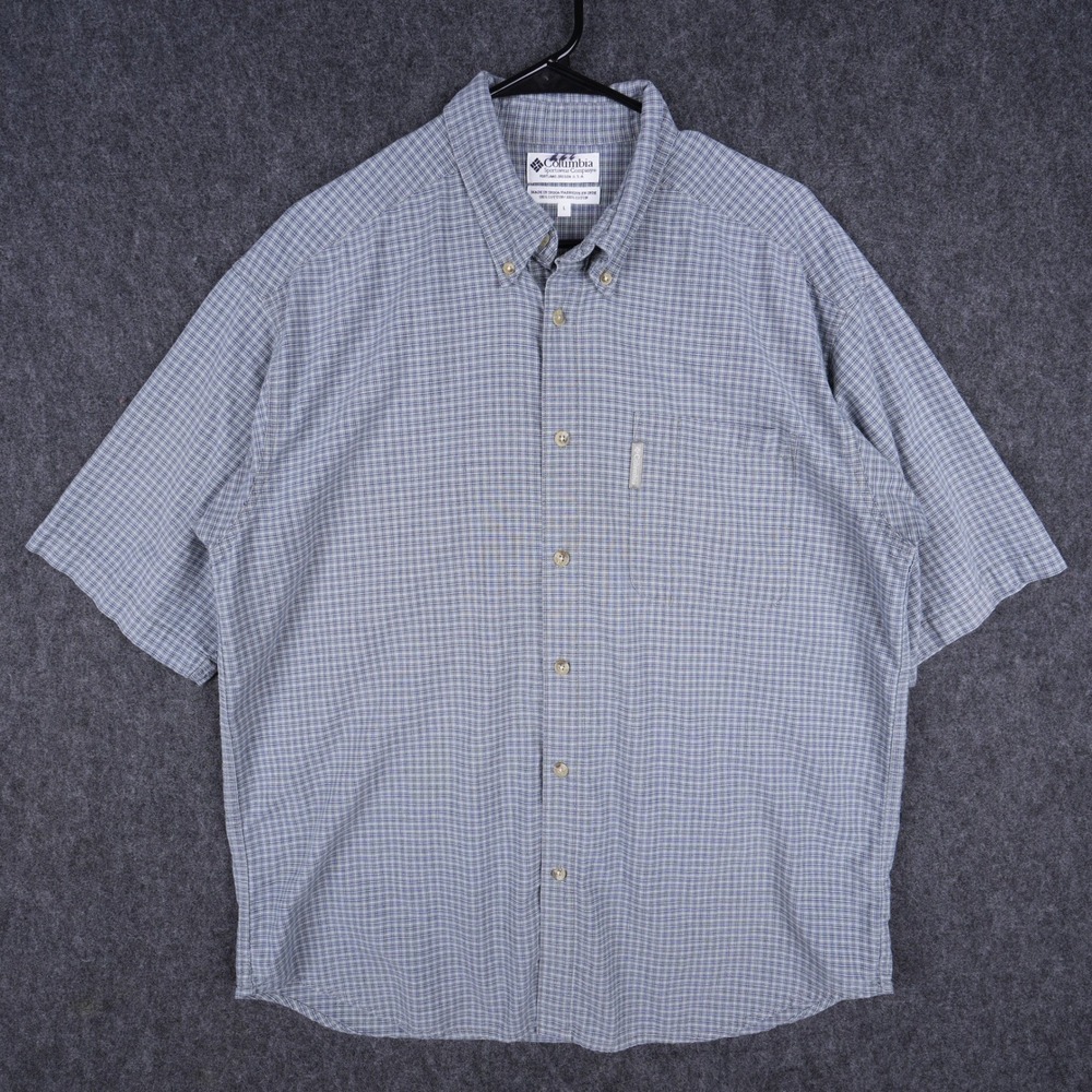 Vintage Columbia Button Down Shirt Mens L Blue Good Plaid Short Sleeve Cotton
